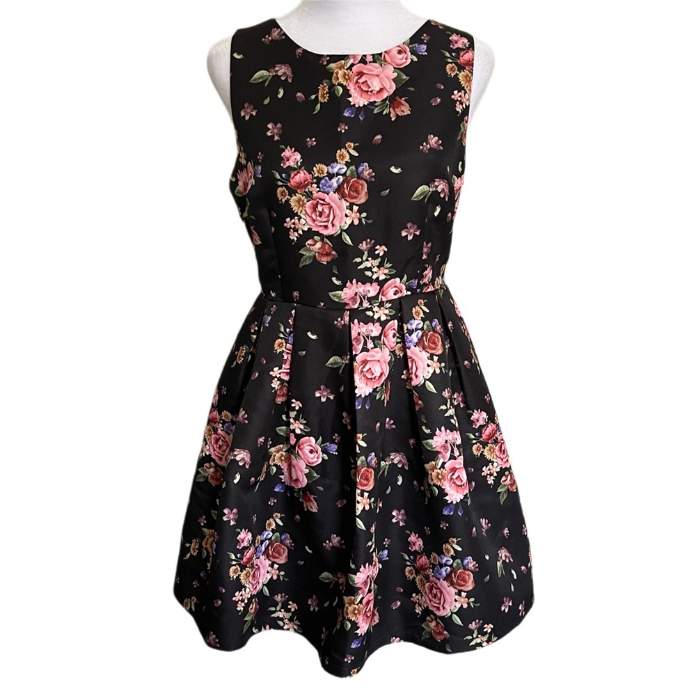 Floral Fit-and-Flare Dress in Black with Pink Roses